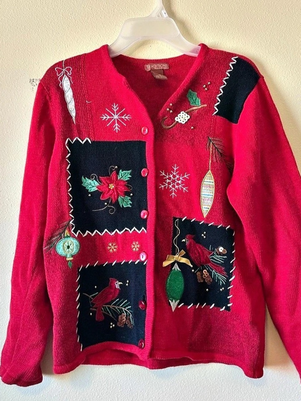 Traditions Embroidered Floral Cardigan in Red & Black Size Medium